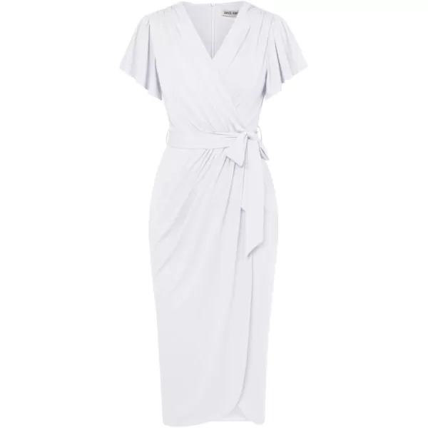 GRACE KARIN 2024 Womens Cocktail Dresses Ruffle Sleeve V Neck Wrap Dress Wedding Party Midi Dress with BeltWhite