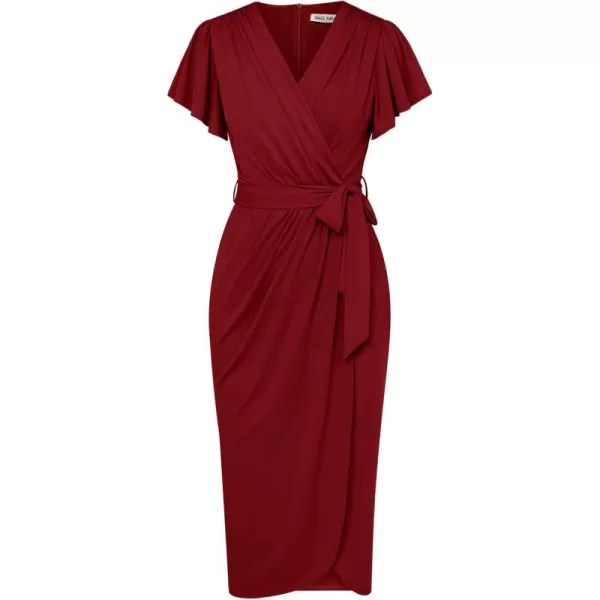 GRACE KARIN 2024 Womens Cocktail Dresses Ruffle Sleeve V Neck Wrap Dress Wedding Party Midi Dress with BeltWine Red