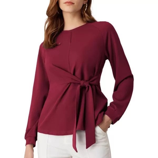 GRACE KARIN 2024 Womens Elegant Peplum Tops Tie Front Long Sleeve Shirts Dressy Casual Blouses Work Tunic TopsWine Red