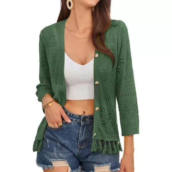 GRACE KARIN Women Fringed Cardigan 2024 Boho Hollowed Out Crochet Knit Shrug 34 Sleeve VNeck Cardigan Top with ButtonArmy Green