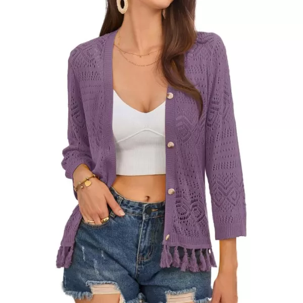 GRACE KARIN Women Fringed Cardigan 2024 Boho Hollowed Out Crochet Knit Shrug 34 Sleeve VNeck Cardigan Top with ButtonDeep Purple