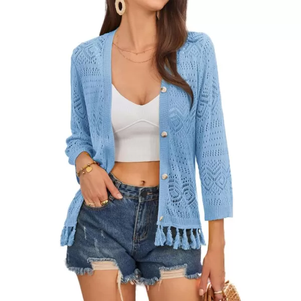 GRACE KARIN Women Fringed Cardigan 2024 Boho Hollowed Out Crochet Knit Shrug 34 Sleeve VNeck Cardigan Top with ButtonLight Blue