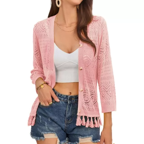 GRACE KARIN Women Fringed Cardigan 2024 Boho Hollowed Out Crochet Knit Shrug 34 Sleeve VNeck Cardigan Top with ButtonLight Coral