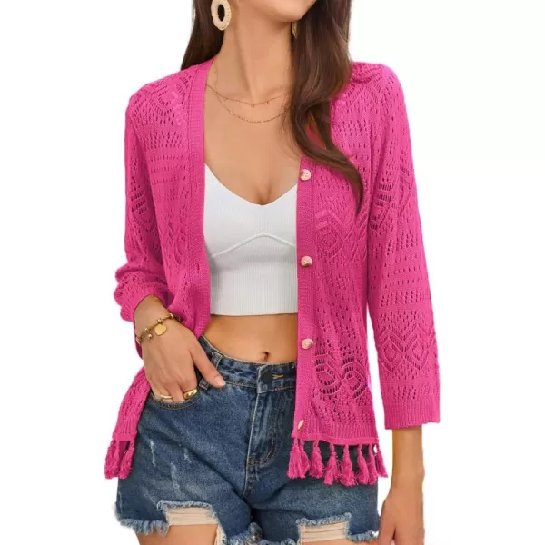 GRACE KARIN Women Fringed Cardigan 2024 Boho Hollowed Out Crochet Knit Shrug 34 Sleeve VNeck Cardigan Top with ButtonRose Red