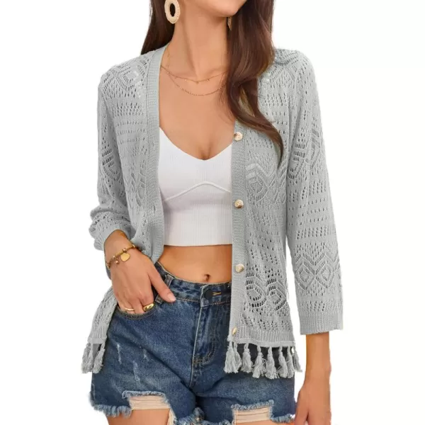 GRACE KARIN Women Fringed Cardigan 2024 Boho Hollowed Out Crochet Knit Shrug 34 Sleeve VNeck Cardigan Top with ButtonSilver Gray