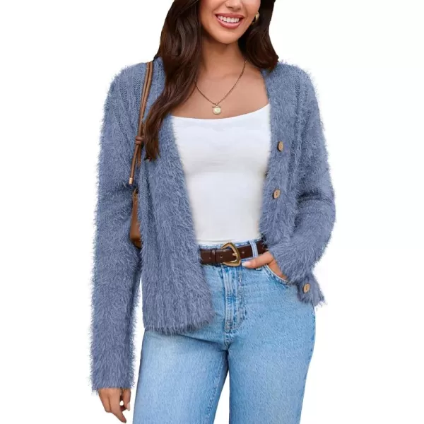 GRACE KARIN Womens Fuzzy Cardigan Long Sleeve Open Front VNeck Button Down Loose Knit Sweater Outwear CoatBlue