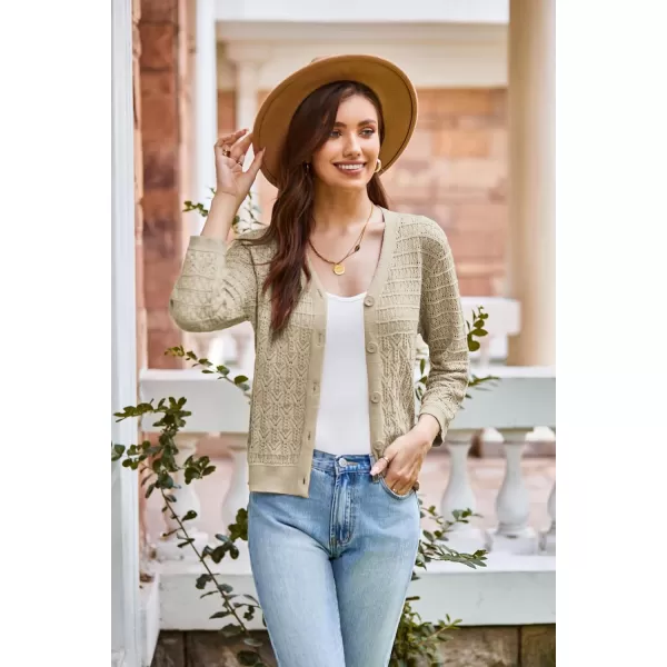 GRACE KARIN 2024 Womens 34 Sleeve Crochet Knit Button Down Cardigan Cropped Shrug Bolero Lightweight Sweaters TopsApricot