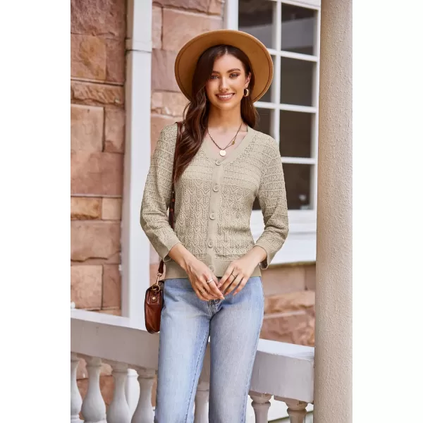 GRACE KARIN 2024 Womens 34 Sleeve Crochet Knit Button Down Cardigan Cropped Shrug Bolero Lightweight Sweaters TopsApricot