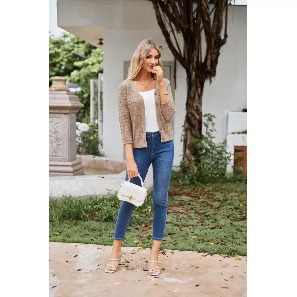 GRACE KARIN 2024 Womens 34 Sleeve Crochet Knit Button Down Cardigan Cropped Shrug Bolero Lightweight Sweaters TopsDeep Apricot