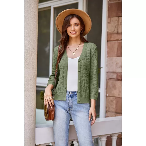 GRACE KARIN 2024 Womens 34 Sleeve Crochet Knit Button Down Cardigan Cropped Shrug Bolero Lightweight Sweaters TopsGreen