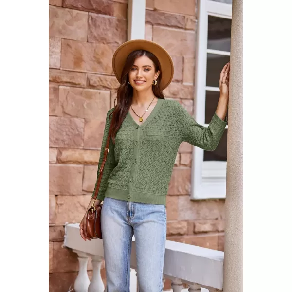 GRACE KARIN 2024 Womens 34 Sleeve Crochet Knit Button Down Cardigan Cropped Shrug Bolero Lightweight Sweaters TopsGreen