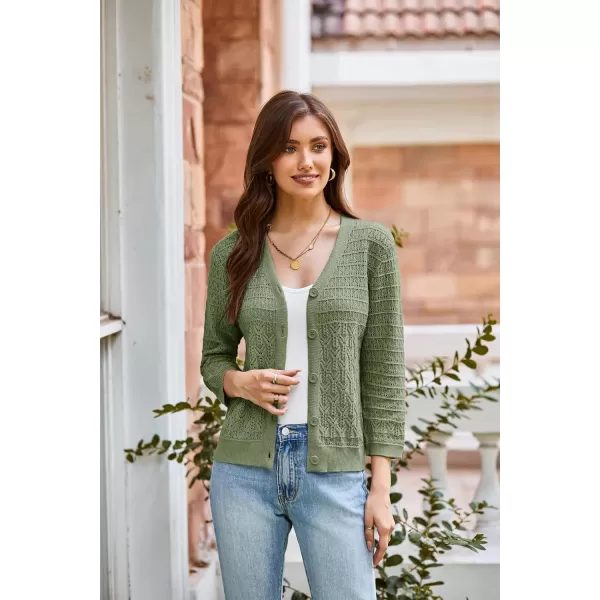 GRACE KARIN 2024 Womens 34 Sleeve Crochet Knit Button Down Cardigan Cropped Shrug Bolero Lightweight Sweaters TopsGreen