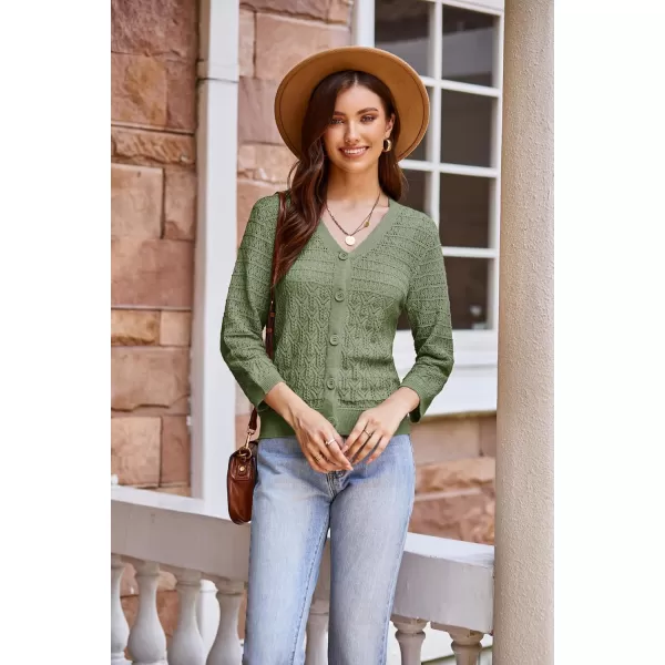 GRACE KARIN 2024 Womens 34 Sleeve Crochet Knit Button Down Cardigan Cropped Shrug Bolero Lightweight Sweaters TopsGreen