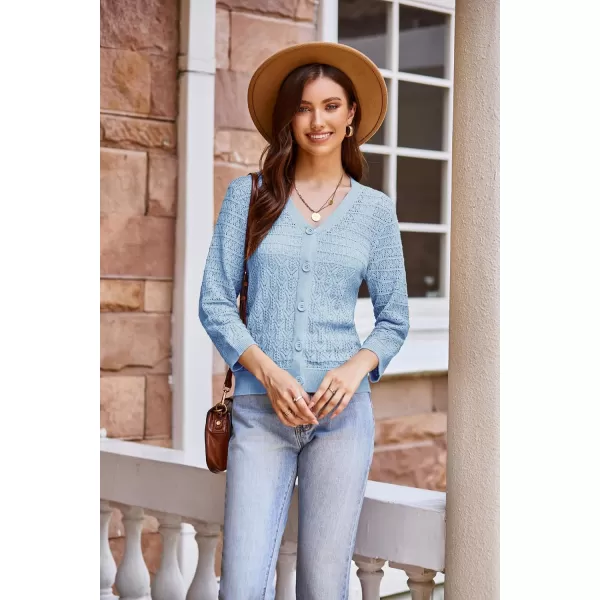 GRACE KARIN 2024 Womens 34 Sleeve Crochet Knit Button Down Cardigan Cropped Shrug Bolero Lightweight Sweaters TopsLight Blue