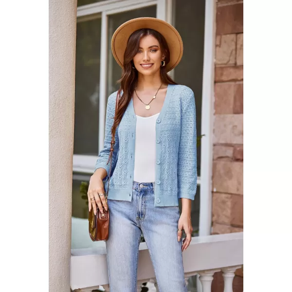 GRACE KARIN 2024 Womens 34 Sleeve Crochet Knit Button Down Cardigan Cropped Shrug Bolero Lightweight Sweaters TopsLight Blue