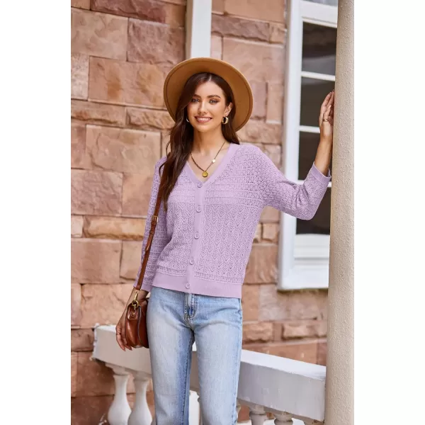 GRACE KARIN 2024 Womens 34 Sleeve Crochet Knit Button Down Cardigan Cropped Shrug Bolero Lightweight Sweaters TopsLilac Purple