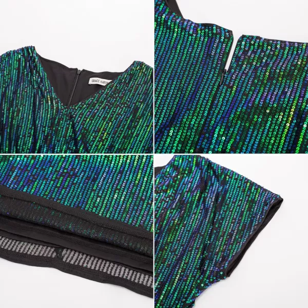 GRACE KARIN 2024 Womens V Neck Ruched Sequin Dress Short Sleeve Tie Midi Cocktail Party Bodycon DressesDark Greensequin