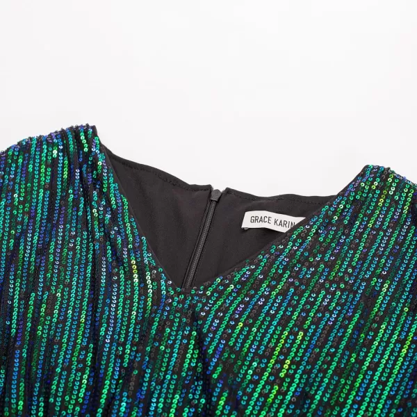 GRACE KARIN 2024 Womens V Neck Ruched Sequin Dress Short Sleeve Tie Midi Cocktail Party Bodycon DressesDark Greensequin