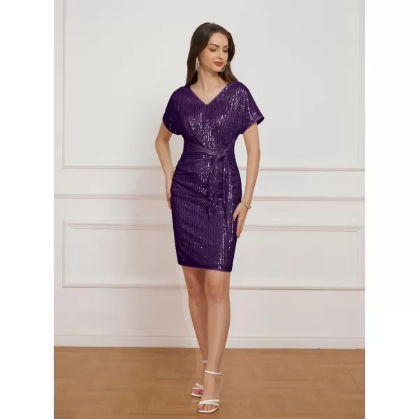 GRACE KARIN 2024 Womens V Neck Ruched Sequin Dress Short Sleeve Tie Midi Cocktail Party Bodycon DressesPurplesequin