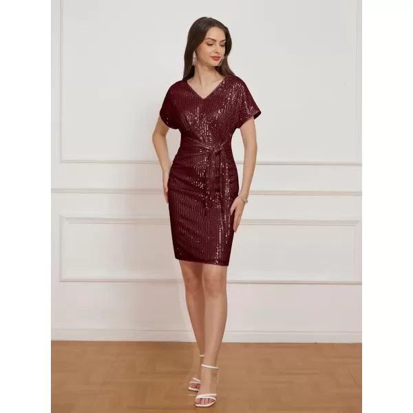 GRACE KARIN 2024 Womens V Neck Ruched Sequin Dress Short Sleeve Tie Midi Cocktail Party Bodycon DressesWine Redsequin