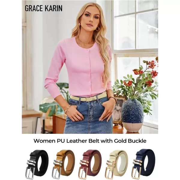 GRACE KARIN Women Leather Belt for Dresses Jeans Pants Waist Belt with Glod Buckle Medium PU Leather BeltBeige