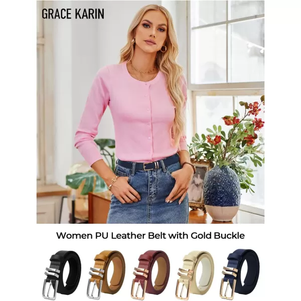 GRACE KARIN Women Leather Belt for Dresses Jeans Pants Waist Belt with Glod Buckle Medium PU Leather BeltNavy Blue