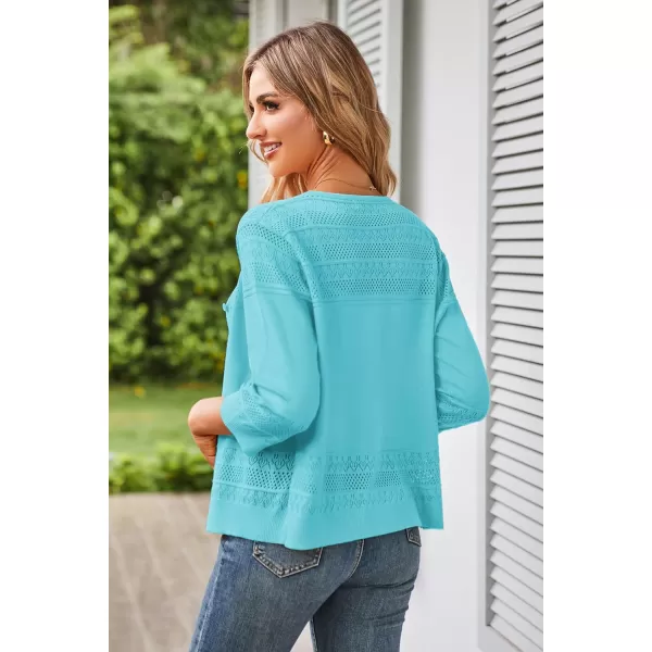 GRACE KARIN Womens 2024 Cropped Cardigan 34 Sleeve Lightweight Crochet Shrug HollowedOut Knit Sweater TopsAqua Blue