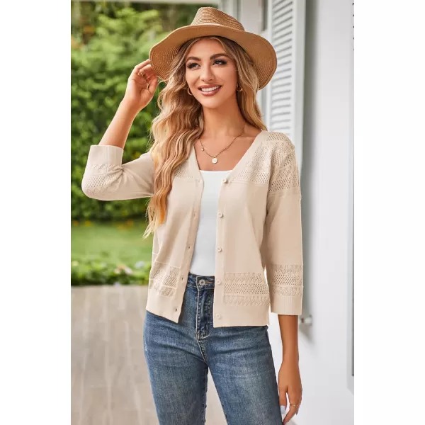 GRACE KARIN Womens 2024 Cropped Cardigan 34 Sleeve Lightweight Crochet Shrug HollowedOut Knit Sweater TopsBeige