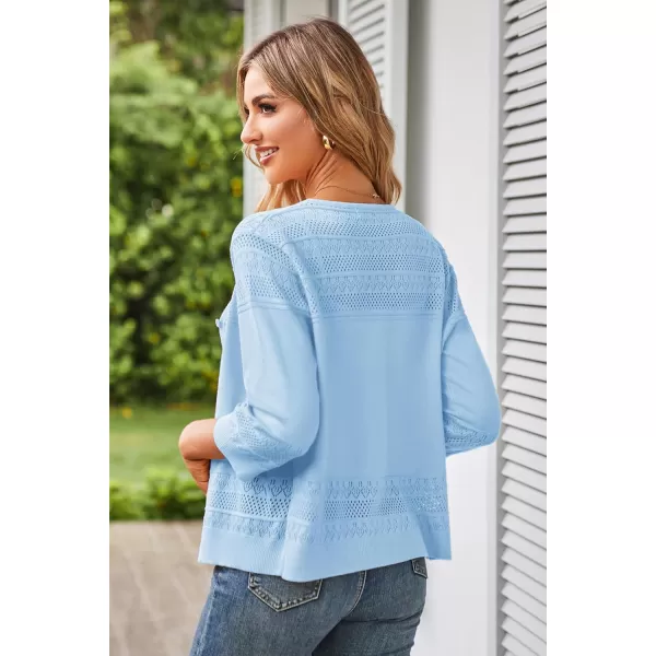 GRACE KARIN Womens 2024 Cropped Cardigan 34 Sleeve Lightweight Crochet Shrug HollowedOut Knit Sweater TopsLight Blue