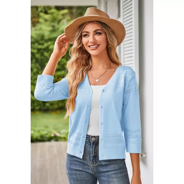 GRACE KARIN Womens 2024 Cropped Cardigan 34 Sleeve Lightweight Crochet Shrug HollowedOut Knit Sweater TopsLight Blue