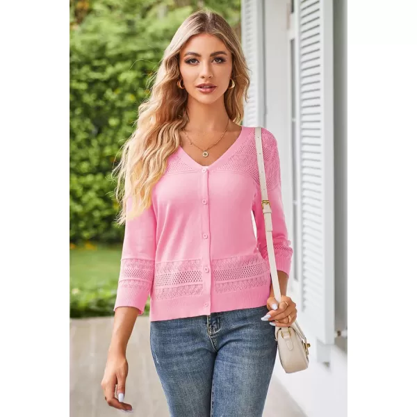 GRACE KARIN Womens 2024 Cropped Cardigan 34 Sleeve Lightweight Crochet Shrug HollowedOut Knit Sweater TopsLight Pink