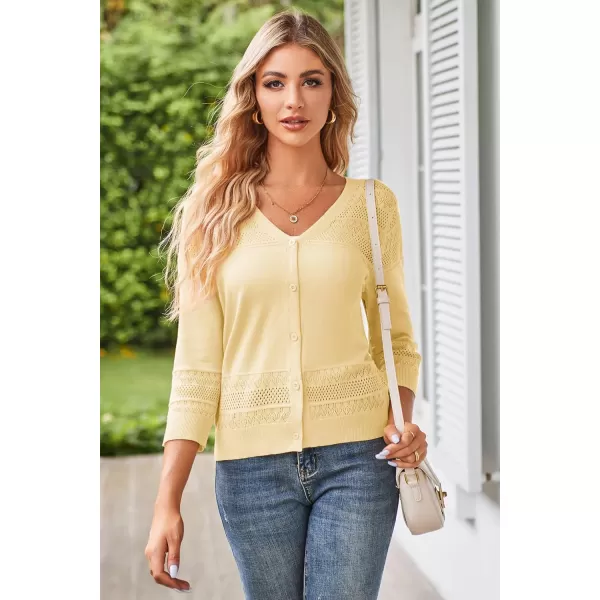 GRACE KARIN Womens 2024 Cropped Cardigan 34 Sleeve Lightweight Crochet Shrug HollowedOut Knit Sweater TopsLight Yellow