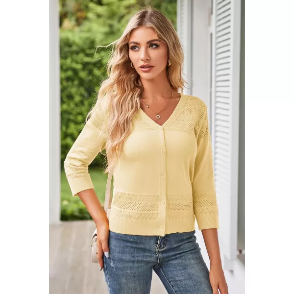 GRACE KARIN Womens 2024 Cropped Cardigan 34 Sleeve Lightweight Crochet Shrug HollowedOut Knit Sweater TopsLight Yellow