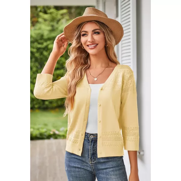 GRACE KARIN Womens 2024 Cropped Cardigan 34 Sleeve Lightweight Crochet Shrug HollowedOut Knit Sweater TopsLight Yellow