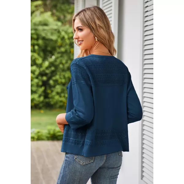 GRACE KARIN Womens 2024 Cropped Cardigan 34 Sleeve Lightweight Crochet Shrug HollowedOut Knit Sweater TopsNavy Blue