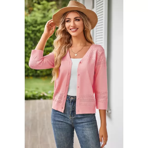GRACE KARIN Womens 2024 Cropped Cardigan 34 Sleeve Lightweight Crochet Shrug HollowedOut Knit Sweater TopsPink