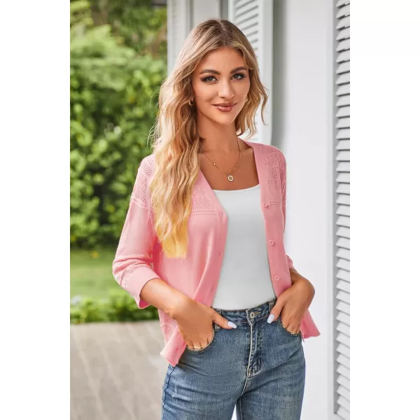 GRACE KARIN Womens 2024 Cropped Cardigan 34 Sleeve Lightweight Crochet Shrug HollowedOut Knit Sweater TopsPink