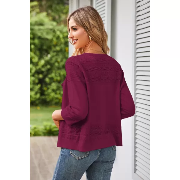 GRACE KARIN Womens 2024 Cropped Cardigan 34 Sleeve Lightweight Crochet Shrug HollowedOut Knit Sweater TopsPurple Red