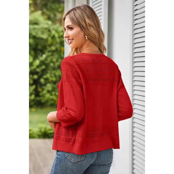 GRACE KARIN Womens 2024 Cropped Cardigan 34 Sleeve Lightweight Crochet Shrug HollowedOut Knit Sweater TopsRed