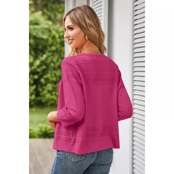 GRACE KARIN Womens 2024 Cropped Cardigan 34 Sleeve Lightweight Crochet Shrug HollowedOut Knit Sweater TopsRose Red