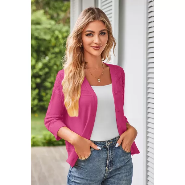 GRACE KARIN Womens 2024 Cropped Cardigan 34 Sleeve Lightweight Crochet Shrug HollowedOut Knit Sweater TopsRose Red