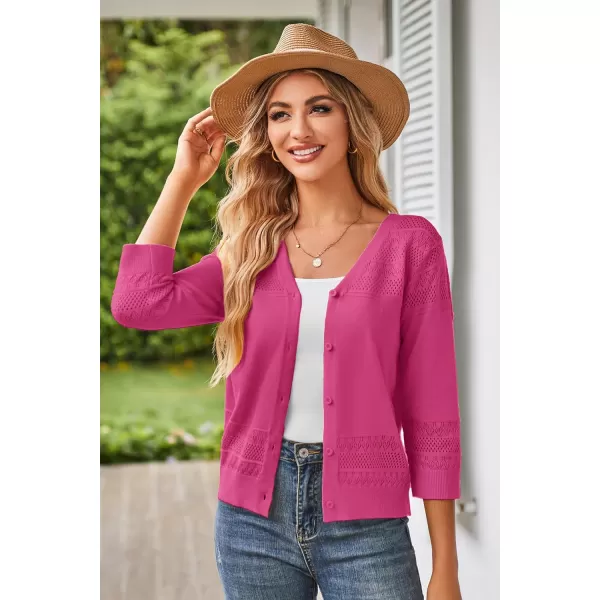 GRACE KARIN Womens 2024 Cropped Cardigan 34 Sleeve Lightweight Crochet Shrug HollowedOut Knit Sweater TopsRose Red