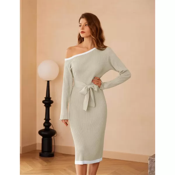 GRACE KARIN Womens 2024 Fall Sweater Dress One Shoulder Long Sleeve Ribbed Knit Tie Waist Casual Bodycon Midi DressesApricot