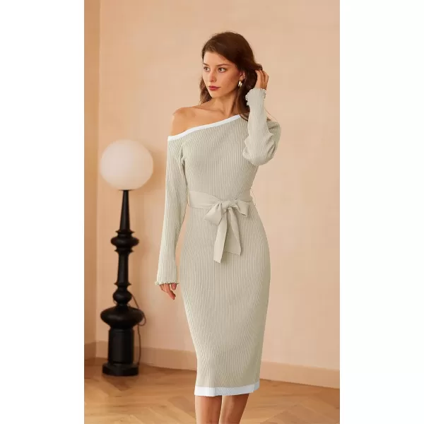 GRACE KARIN Womens 2024 Fall Sweater Dress One Shoulder Long Sleeve Ribbed Knit Tie Waist Casual Bodycon Midi DressesApricot