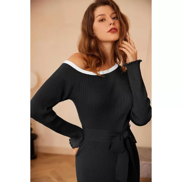 GRACE KARIN Womens 2024 Fall Sweater Dress One Shoulder Long Sleeve Ribbed Knit Tie Waist Casual Bodycon Midi DressesBlack