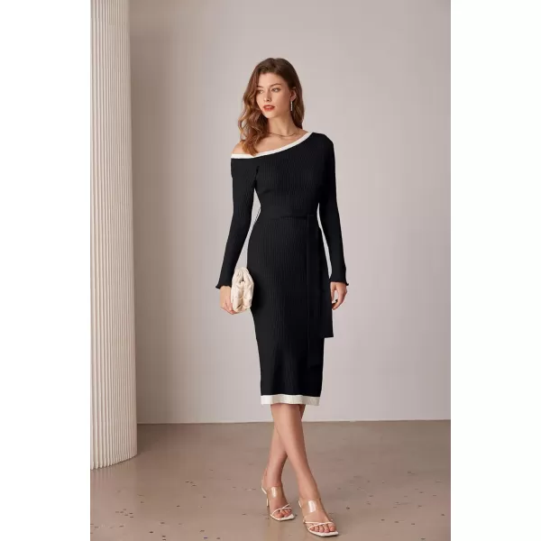 GRACE KARIN Womens 2024 Fall Sweater Dress One Shoulder Long Sleeve Ribbed Knit Tie Waist Casual Bodycon Midi DressesBlack