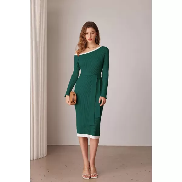 GRACE KARIN Womens 2024 Fall Sweater Dress One Shoulder Long Sleeve Ribbed Knit Tie Waist Casual Bodycon Midi DressesDark Green