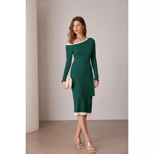 GRACE KARIN Womens 2024 Fall Sweater Dress One Shoulder Long Sleeve Ribbed Knit Tie Waist Casual Bodycon Midi DressesDark Green