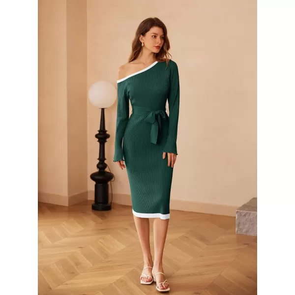 GRACE KARIN Womens 2024 Fall Sweater Dress One Shoulder Long Sleeve Ribbed Knit Tie Waist Casual Bodycon Midi DressesDark Green