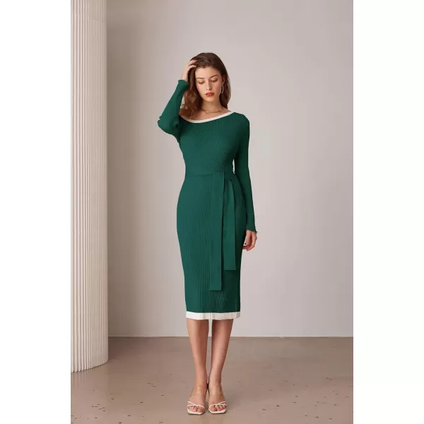 GRACE KARIN Womens 2024 Fall Sweater Dress One Shoulder Long Sleeve Ribbed Knit Tie Waist Casual Bodycon Midi DressesDark Green